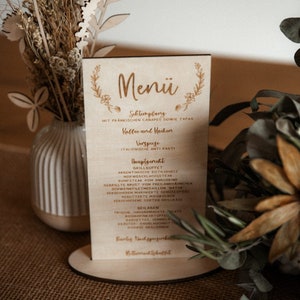 Wedding menu card made of wood with lettering on both sides / menu card made of birch