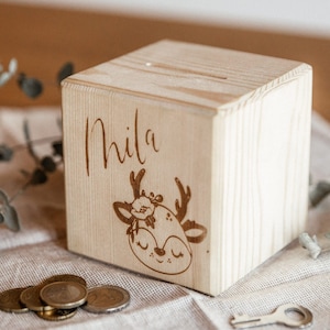 Personalisierte Spardose aus Holz mit Wunschnamen / inkl. Metallschloss