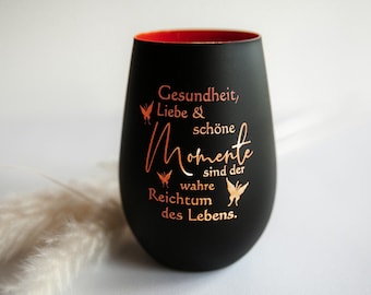 Personalisiertes Windlicht aus Glas mit Wunschtext auf der Rückseite