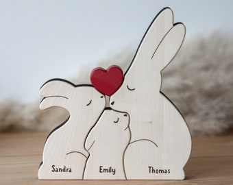 Famille de lapins personnalisée avec enfant / Puzzle en bois famille 3 / Lapins en bois gravés avec nom / Idée cadeau de Pâques / Anniversaire maman