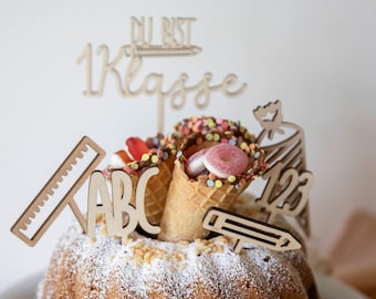 Set Decorazioni Per Torta Inizio Scuola - 16 Pezzi Con Topper Schulkind, ABC, 123, Nuvole E Sacchetti