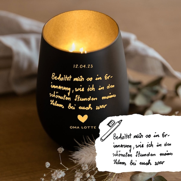 Windlicht mit persönlicher Handschrift als Gravur / personalisiertes Geschenk Familie / Trauergeschenk / Erinnerungslicht
