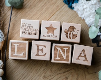 Personalized wooden cubes with engraving as a birth gift / wooden letter cubes as a birth gift / Made from beech 4 cm