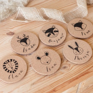 Tisckarten Hochzeit Kinder / Gastgeschenk Kinder / Untersetzer Kork / Hochzeitsgäste Platzkarten / Kinder Beschäftigung Hochzeit / Waldtiere