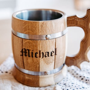 Rustic oak beer mug with stainless steel insert 0.5 liters / wooden mug / Father&#39;s Day gift with personalized engraving
