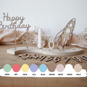 Könnte beinhalten: Ein hölzernes Geburtstags-Centerpiece mit einem Planeten, einer Rakete und dem Schriftzug "Happy Birthday". Enthält einen Kerzenhalter, die Zahl 8 und zusätzliche Zahlen. Die Basis ist helles Holz, mit Farbmustern darunter.