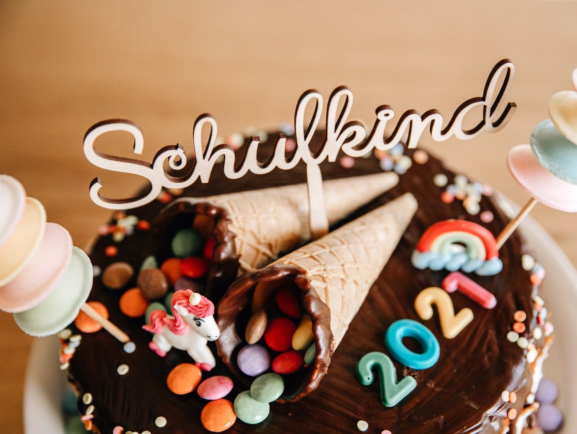 Schulanfang Cake Topper Set - 7-teilige Holz-Deko Für Einschulungstorte & Party