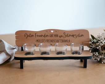 Liquor bench for friends with engraving including glasses / alder wood / "You give good friends a schnapps"