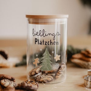 Vorratsglas Weihnachten mit Tannenbaum Motiv – Glasdose mit Holzdeckel ohne Gravur – Geschenk für Plätzchen, Süßigkeiten und Gebäck