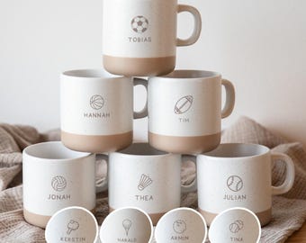 Taza de cerámica personalizada con motivos de deportes de pelota y nombre - taza de cerámica con grabado - regalo para atletas - fútbol, tenis, baloncesto, golf