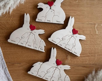 Famille de lapins en bois personnalisée avec 1 à 4 enfants / Lapins puzzle familiaux / Lapins en bois gravés avec nom / Famille cadeau de Pâques