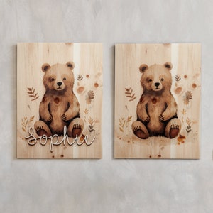Waldtiere Bilder aus Holz mit Name / Personalisiertes Holzbild Tiere / Poster Bär / Kinderzimmer Waldtiere  / Bild Kinderzimmer Mädchen