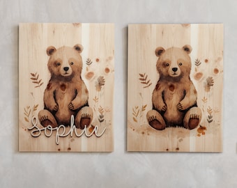 Waldtiere Bilder aus Holz mit Name / Personalisiertes Holzbild Tiere / Poster Bär / Kinderzimmer Waldtiere  / Bild Kinderzimmer Mädchen