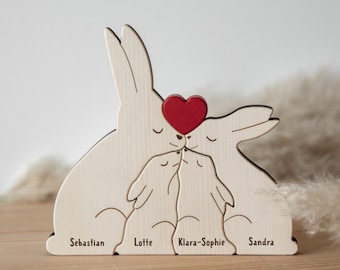 Personalisierte Hasenfamilie mit zwei Kindern / Holzpuzzle Familie 4 / Hasen aus Holz mit Namen graviert / Geschenkidee Ostern / Muttertag