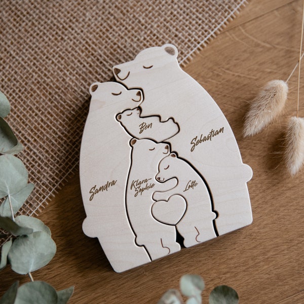 Personalisierte Bärenfamilie mit drei Kindern / Familienpuzzle Bären / Bären aus Holz mit Namen graviert / Geschenkidee zu Ostern