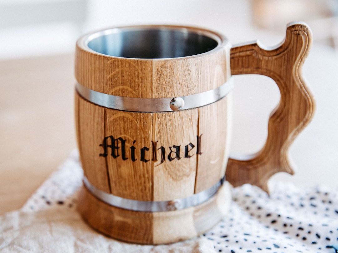 Rustic Oak Beer Mug With Stainless Steel Insert 0.5 Liters