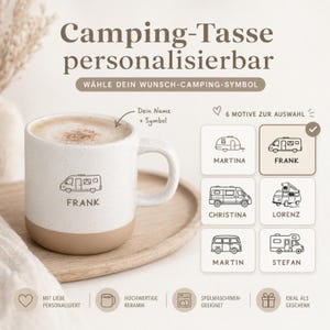 Gepersonaliseerde campingmok met gravure – keramische mok met steengoedlook, cadeau voor kampeerders, caravanbezitters en camperaars met naam