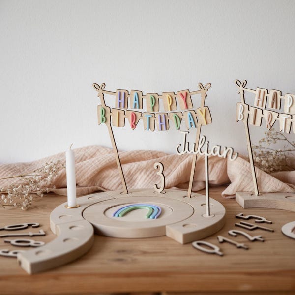 Personalized birthday plate for boys and girls / Wooden birthday wreath with engraving / Rainbow children's birthday