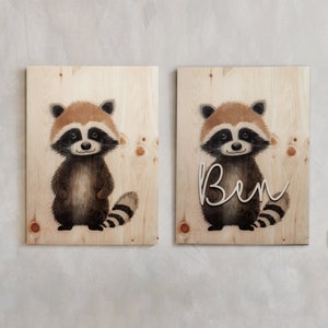 Poster personalizzato in legno con procione A3 per la cameretta dei bambini / cameretta dei bambini / scritta con il nome / immagine da parete degli animali della foresta in legno / poster regalo nascita