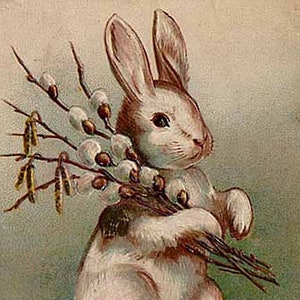 K&ouml;nnte beinhalten: Eine Illustration im Vintage-Stil zeigt einen hellbraunen und wei&szlig;en Hasen, der aufrecht steht und ein B&uuml;ndel Weidenk&auml;tzchenzweige h&auml;lt. Der Text am unteren Bildrand lautet "Loving Easter Greeting" in einer dunklen, dekorativen Schreibschrift.