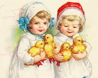 Vintage Easter Print - Reproduction from Vintage Easter Cards Toddlers Ducks - Download Only Printable Wall Art Crafts Sublimation & more #1