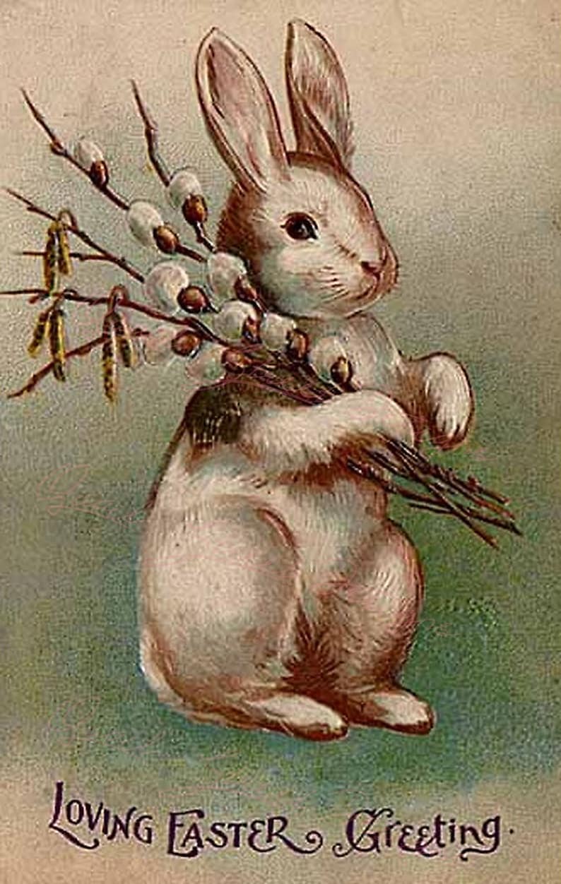 K&ouml;nnte beinhalten: Eine Illustration im Vintage-Stil zeigt einen hellbraunen und wei&szlig;en Hasen, der aufrecht steht und ein B&uuml;ndel Weidenk&auml;tzchenzweige h&auml;lt. Der Text am unteren Bildrand lautet "Loving Easter Greeting" in einer dunklen, dekorativen Schreibschrift.