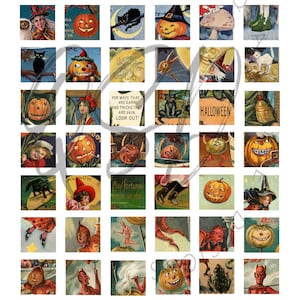 Vintage Halloween Digital Collage Sheet, 1 inch Squares, Halloween Craft Printable, Jewelry Making, Scrapbooking, Digital Download, Inchies