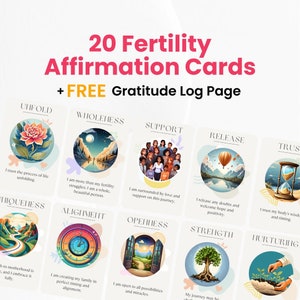 20 tarjetas de afirmación de fertilidad con una página de registro de gratitud gratuita