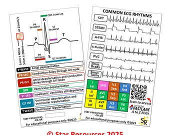 May include: Two educational cards with ECG diagrams and medical terminology. One card displays a detailed ECG waveform with labeled segments. The other card shows common ECG rhythms. Both cards include text and a QR code for additional resources.