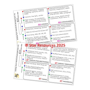Puede incluir: Tarjetas de referencia médica con texto y diagramas. Las tarjetas cubren temas como hipoxia, hipotermia, neumotórax a tensión y taponamiento cardíaco. El texto incluye términos y abreviaturas médicas.