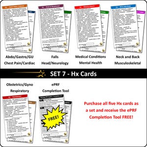 Cartes d'identification d'anamnèse (Hx) pour étudiants en médecine, ambulanciers paramédicaux, ECA, Ambulance Saint-Jean ou CFR