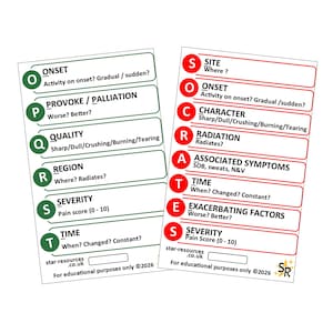 May include: Two rectangular educational reference cards. The left card features the OPQRST acronym in green, listing Onset, Provoke/Palliation, Quality, Region, Severity, and Time. The right card features the SOCRATES acronym in red, listing Site, Onset, Character, Radiation, Associated Symptoms, Time, Exacerbating Factors, and Severity. Both cards include the text star-resources.co.uk and For educational purposes only ©2026.