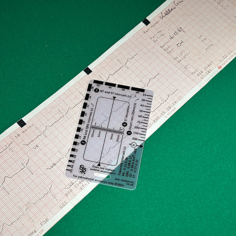 May include: A clear plastic ruler with markings for measuring heart rate, PR, QRS, QT, and ST intervals. The ruler is labeled "Star-resources" and "For educational purposes only 2024".