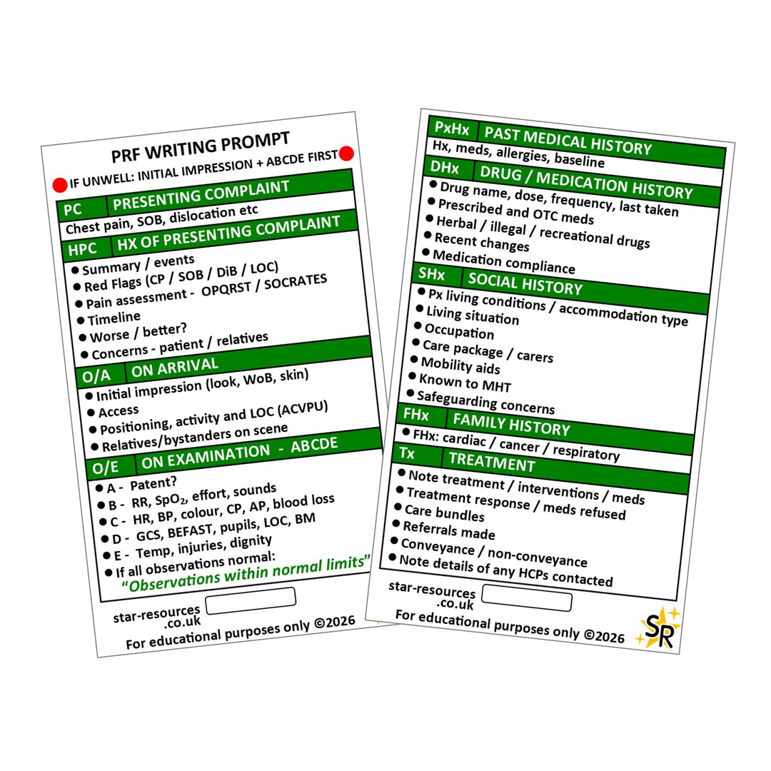 Paramedic PRF Writing Prompt Card | Patient Report Form Guide | ABCDE ...