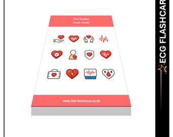 May include: A stack of red and white flash cards with illustrations of hearts, EKG lines, and medical symbols. The cards are titled "ECG Pocket Flash Cards" and include the website "www.Star-Resources.co.uk".