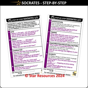 Cartão de identificação passo a passo para a pesquisa de dor SOCRATES | Cartão de bolso para paramédicos | Auxílio de avaliação para paramédicos e estudantes