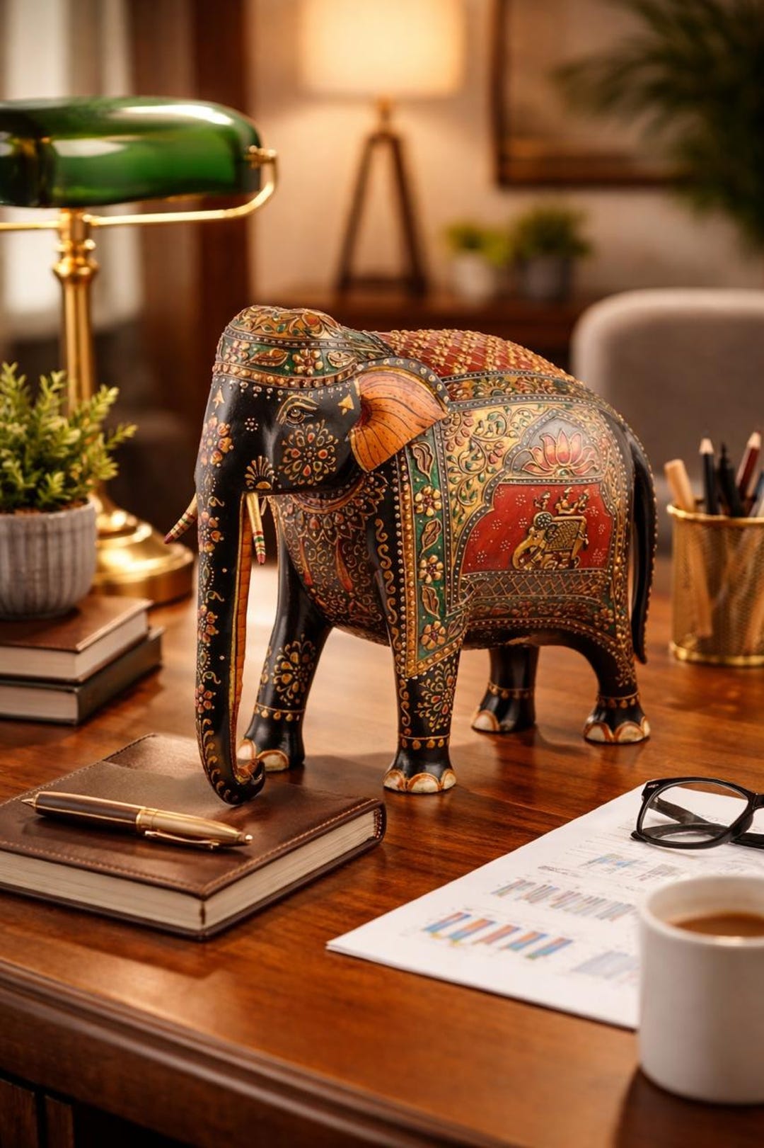 Hand Painted Wooden Elephant Statue, Indian Mughal Floral Motif ...