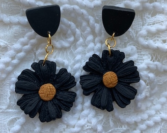 Black Floral Polymer Clay Earrings | Handmade Flower Dangle Earrings | Earrings | Lightweight Modern Jewellery Gift for Her