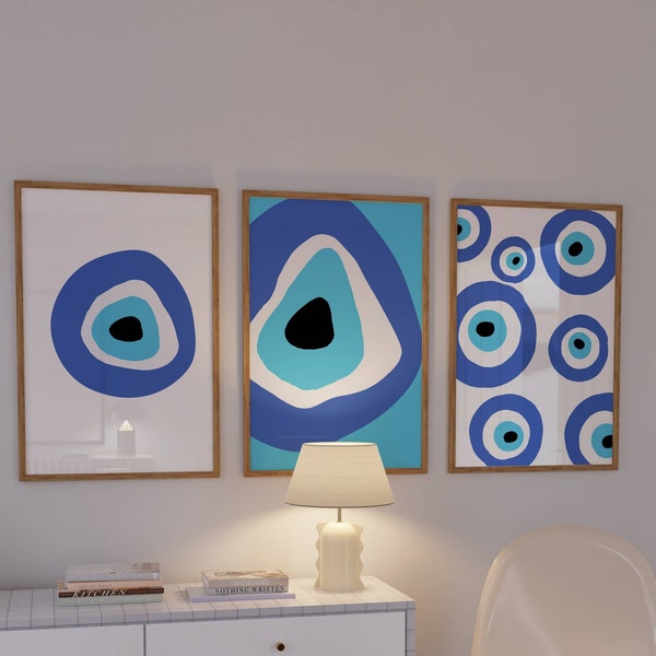 Set of 3 Evil Eye Wall Art Prints, Blue Evil Eye Protection Poster, Aesthetic College Dorm Decor, Spiritual Poster, Digital Download