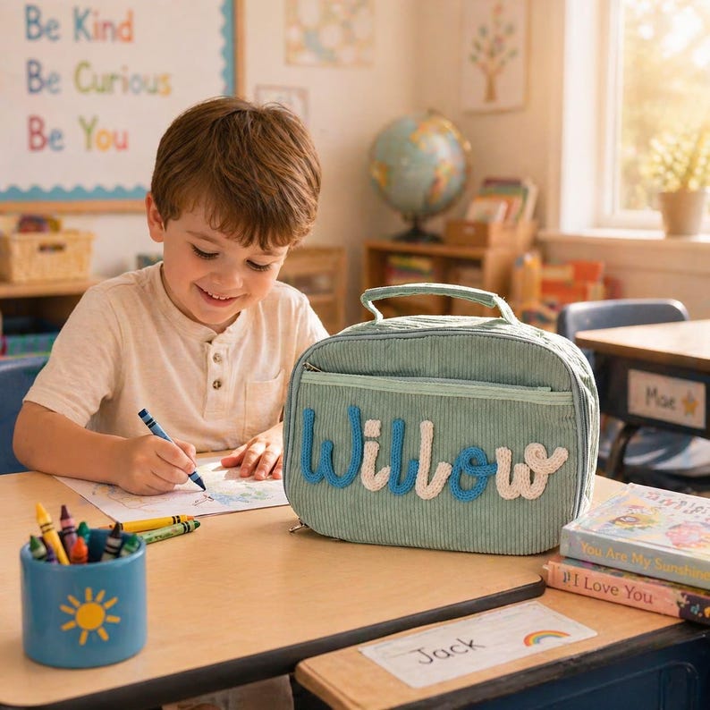 Custom Name Lunch Bag, Personalized Corduroy Kids Lunch Box, School ...