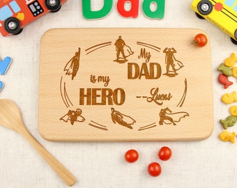 Personalized cutting board Wooden breakfast board with engraving gift for kids baby gift board Dad is my Hero Father day gift from kids