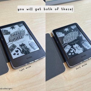 May include: Two images of a Kindle e-reader displaying the same book cover, "Suzie's Kindle", in light and dark mode. The cover features a cartoon illustration of a cat and a dog with a retro aesthetic.
