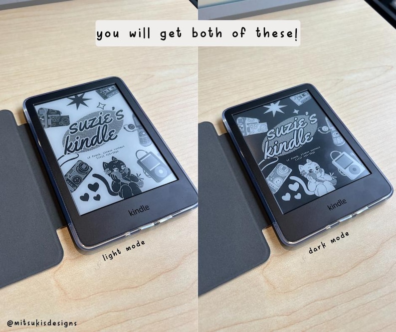 May include: Two images of a Kindle e-reader displaying the same book cover, "Suzie's Kindle", in light and dark mode. The cover features a cartoon illustration of a cat and a dog with a retro aesthetic.