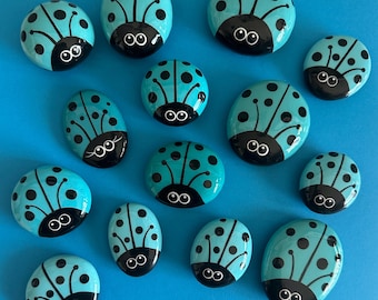 Hand painted and resin sealed Aqua blue Lorybugrocks ladybug
