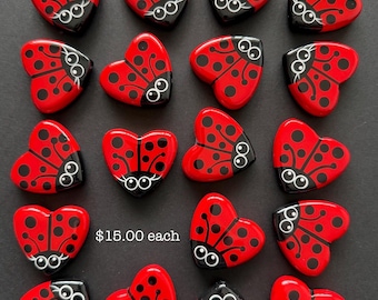 Girl Hand carved heart stone Lorybugrocks ladybug