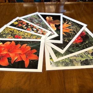 May include: A collection of ten framed prints featuring various types of flowers, including lilies, tulips, hibiscus, and bird of paradise. The prints are arranged in a fan shape on a wooden table.