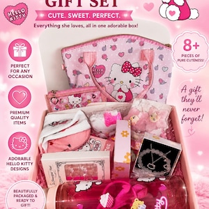 May include: A Hello Kitty gift set in a pink box containing a patterned tote bag, a small zippered pouch, white socks, a clear water bottle with graphics, a beaded bracelet with a charm, and various small accessories featuring Hello Kitty.