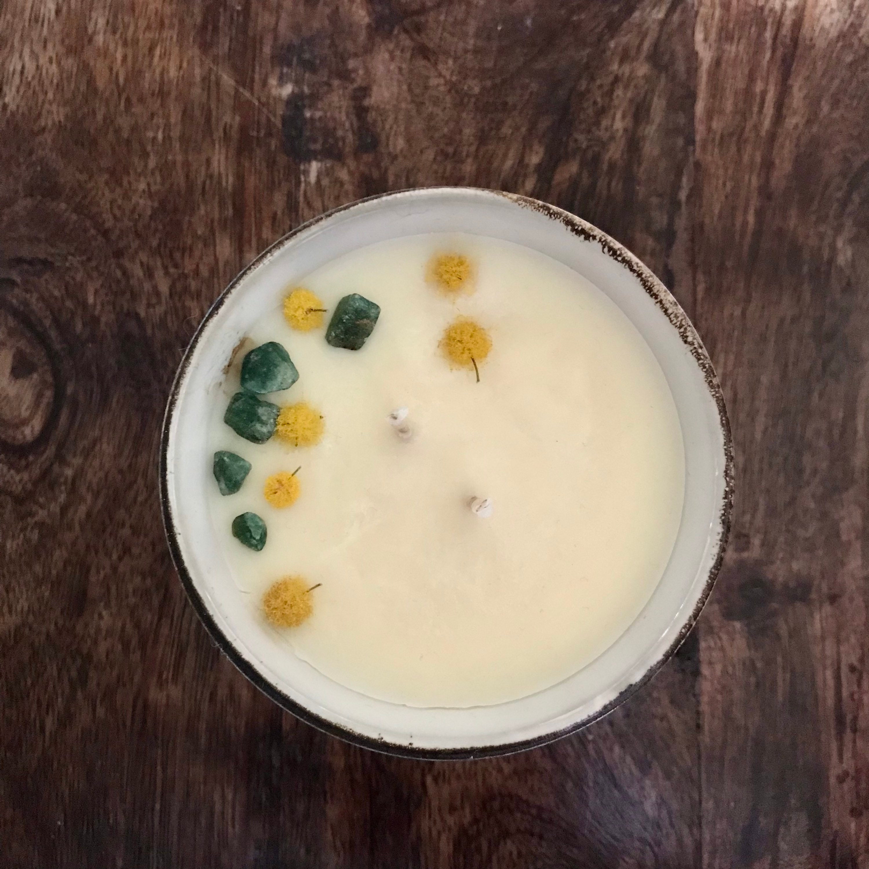 Bougie 100% Colza Parfum Mimosa, Aux Fleurs de Mimosa et Aventurine Verte, Pot 90G Cire, Joie Légère