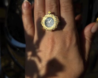 Watch Ring Gold and Black, Adjustable Retro Clock Rings gold, Finger watches