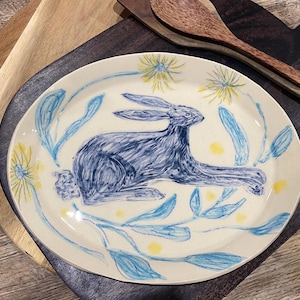 Handmade sgraffito  Ceramic wild hare amongst the dandelions  Wall Plate, Folk Art Decor